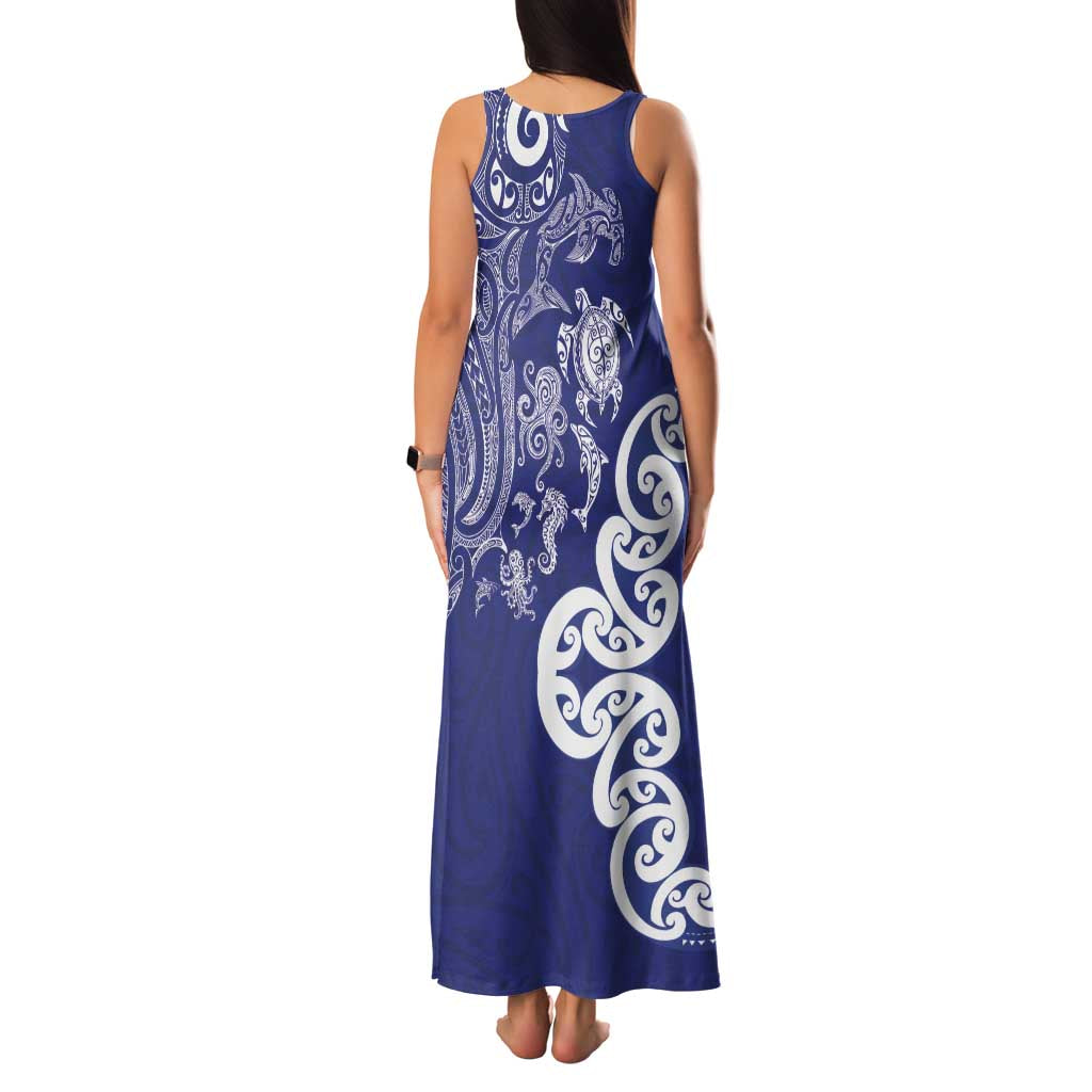 New Zealand Sea Animals with Maori Tribal Tattoo Family Matching Tank Maxi Dress and Hawaiian Shirt Blue Color