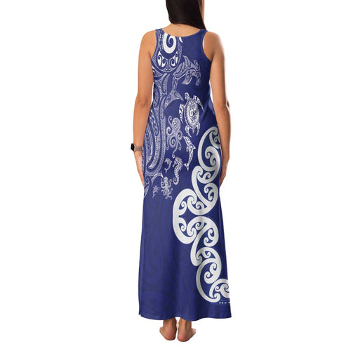 New Zealand Sea Animals with Maori Tribal Tattoo Family Matching Tank Maxi Dress and Hawaiian Shirt Blue Color