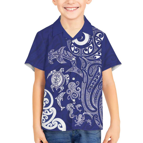 New Zealand Sea Animals with Maori Tribal Tattoo Family Matching Tank Maxi Dress and Hawaiian Shirt Blue Color
