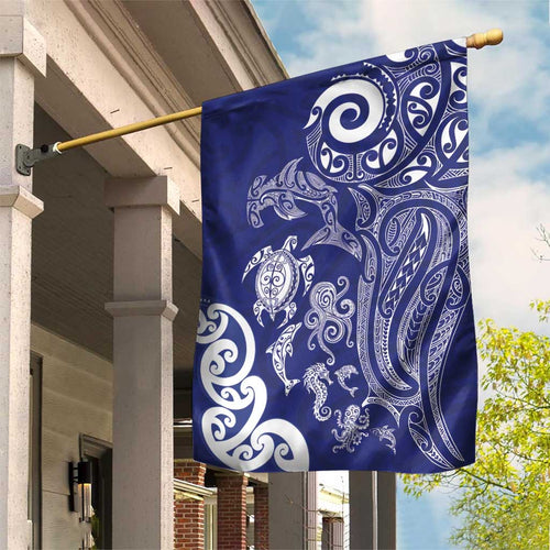 New Zealand Sea Animals with Maori Tribal Tattoo Garden Flag Blue Color