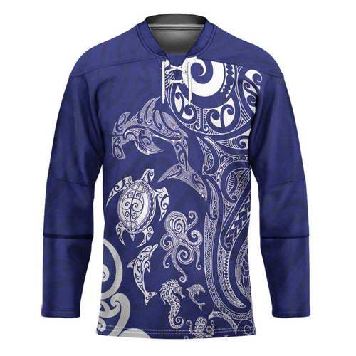 New Zealand Sea Animals with Maori Tribal Tattoo Hockey Jersey Blue Color