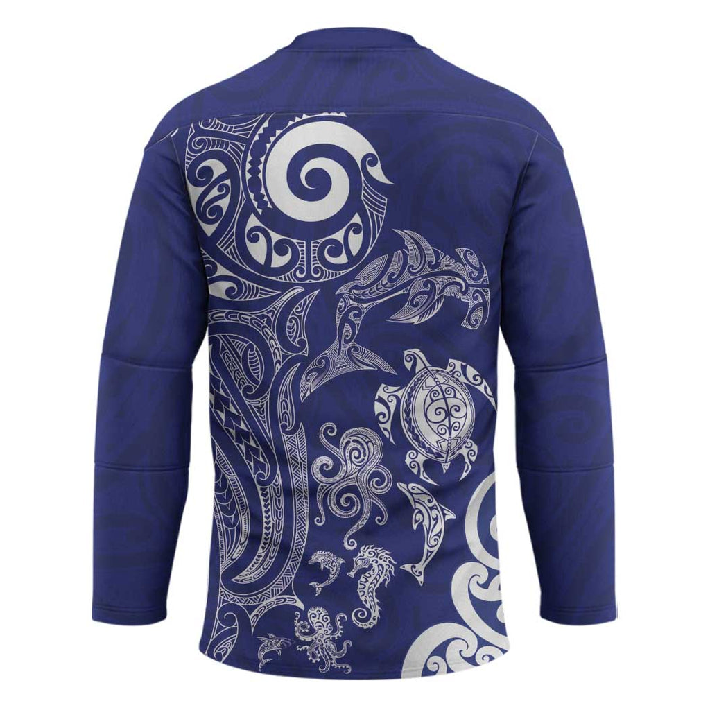 New Zealand Sea Animals with Maori Tribal Tattoo Hockey Jersey Blue Color