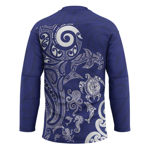 New Zealand Sea Animals with Maori Tribal Tattoo Hockey Jersey Blue Color