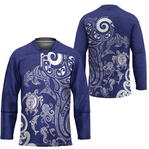 New Zealand Sea Animals with Maori Tribal Tattoo Hockey Jersey Blue Color