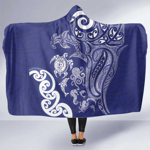 New Zealand Sea Animals with Maori Tribal Tattoo Hooded Blanket Blue Color