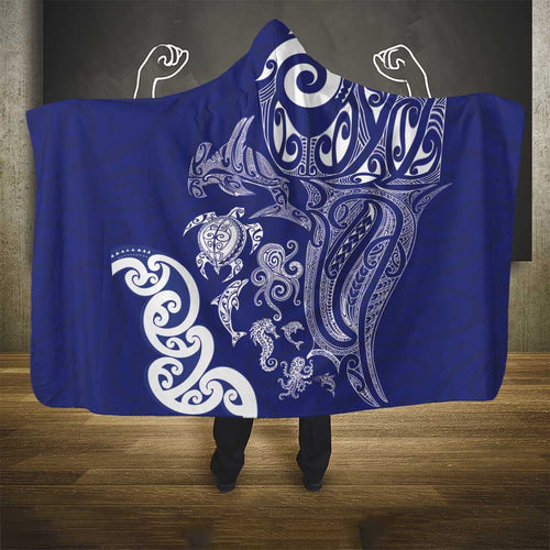 New Zealand Sea Animals with Maori Tribal Tattoo Hooded Blanket Blue Color