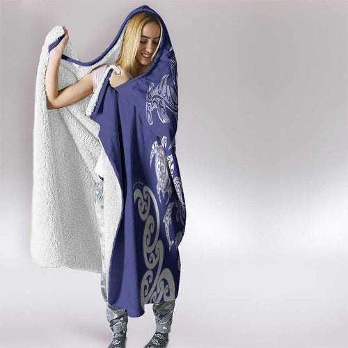 New Zealand Sea Animals with Maori Tribal Tattoo Hooded Blanket Blue Color