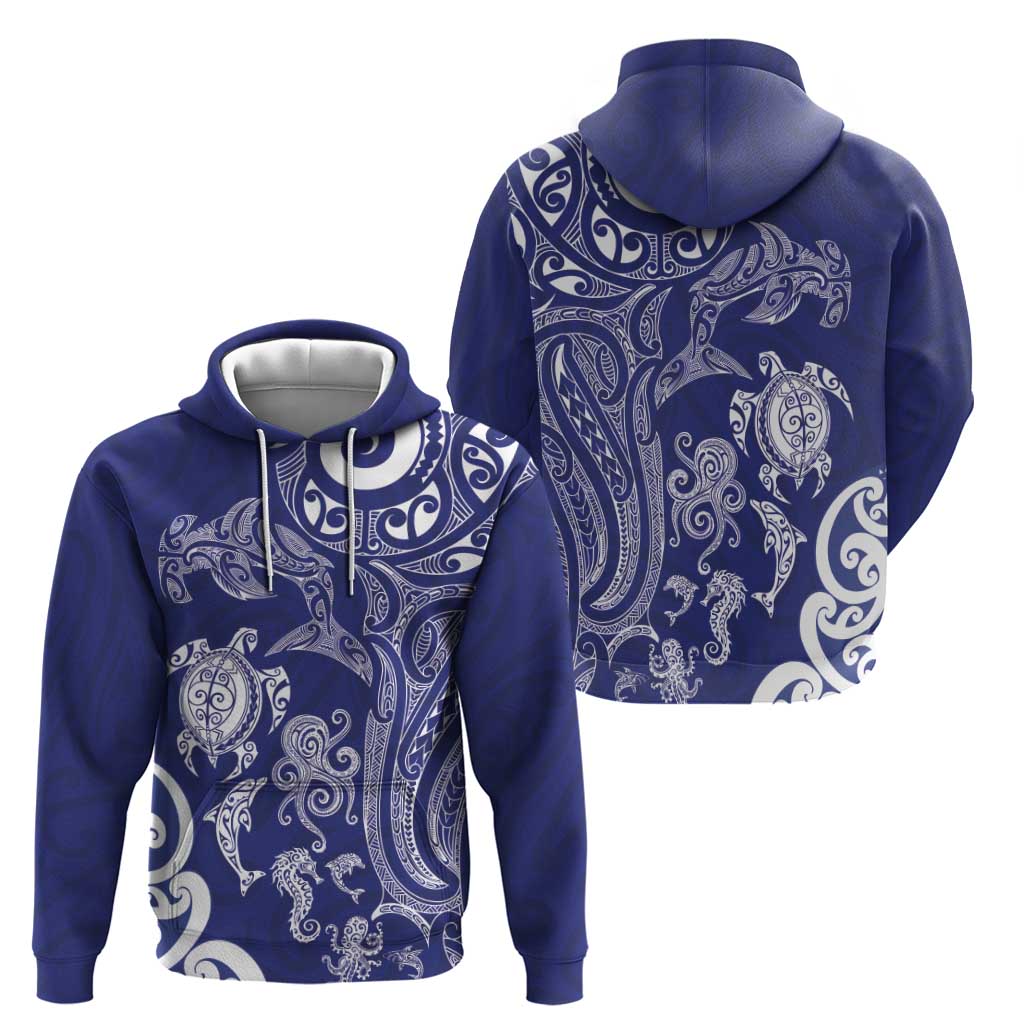 New Zealand Sea Animals with Maori Tribal Tattoo Hoodie Blue Color