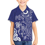 New Zealand Sea Animals with Maori Tribal Tattoo Kid Hawaiian Shirt Blue Color