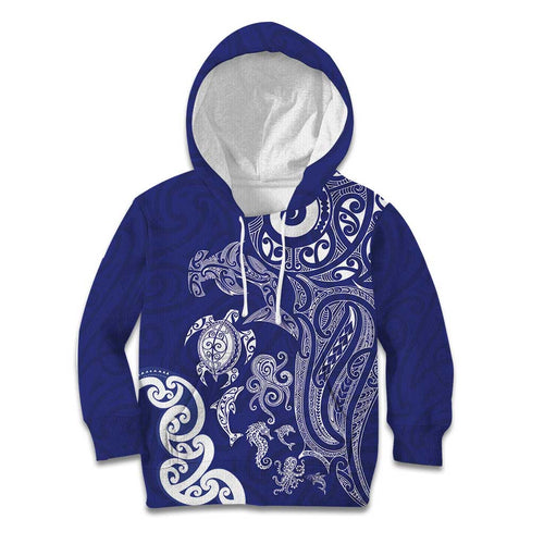 New Zealand Sea Animals with Maori Tribal Tattoo Kid Hoodie Blue Color