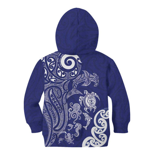 New Zealand Sea Animals with Maori Tribal Tattoo Kid Hoodie Blue Color