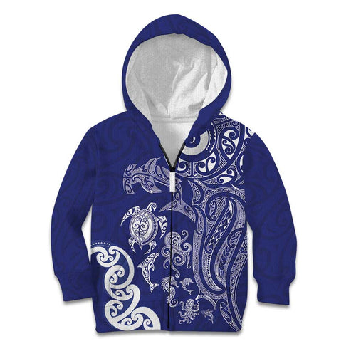 New Zealand Sea Animals with Maori Tribal Tattoo Kid Hoodie Blue Color