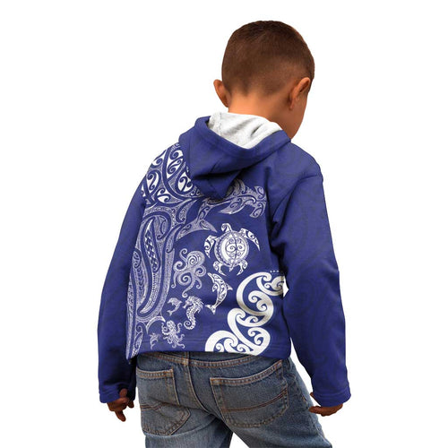 New Zealand Sea Animals with Maori Tribal Tattoo Kid Hoodie Blue Color