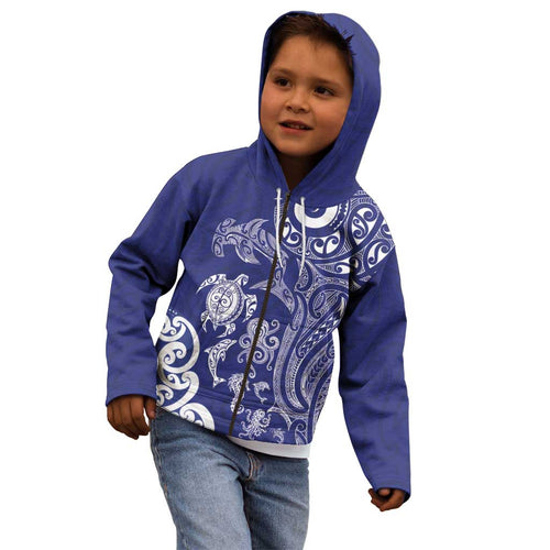 New Zealand Sea Animals with Maori Tribal Tattoo Kid Hoodie Blue Color