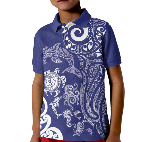 New Zealand Sea Animals with Maori Tribal Tattoo Kid Polo Shirt Blue Color