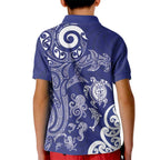New Zealand Sea Animals with Maori Tribal Tattoo Kid Polo Shirt Blue Color