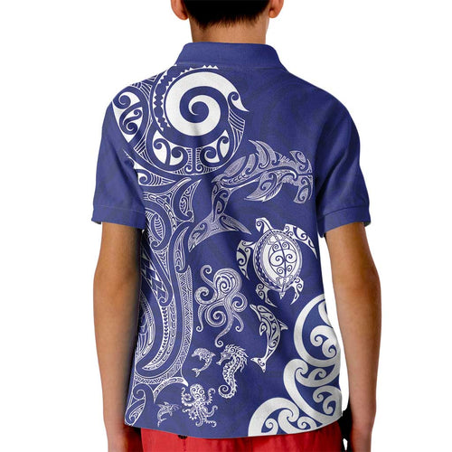 New Zealand Sea Animals with Maori Tribal Tattoo Kid Polo Shirt Blue Color