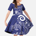 New Zealand Sea Animals with Maori Tribal Tattoo Kid Short Sleeve Dress Blue Color