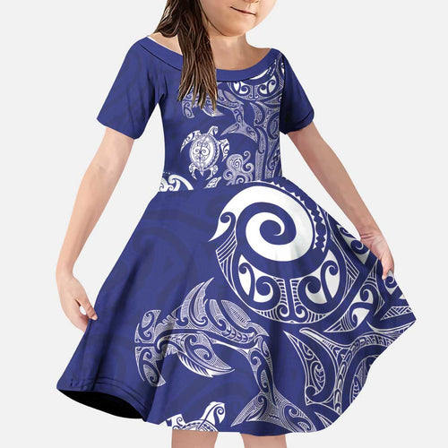 New Zealand Sea Animals with Maori Tribal Tattoo Kid Short Sleeve Dress Blue Color