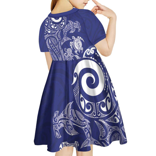 New Zealand Sea Animals with Maori Tribal Tattoo Kid Short Sleeve Dress Blue Color