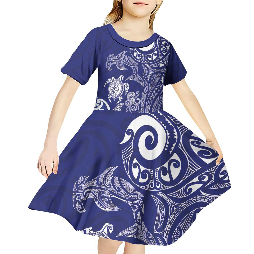 New Zealand Sea Animals with Maori Tribal Tattoo Kid Short Sleeve Dress Blue Color