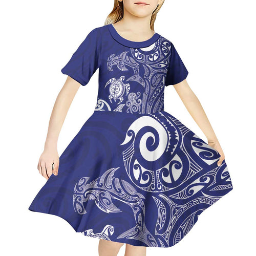 New Zealand Sea Animals with Maori Tribal Tattoo Kid Short Sleeve Dress Blue Color