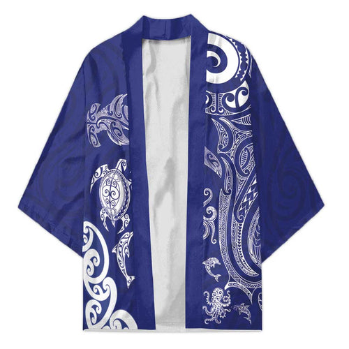 New Zealand Sea Animals with Maori Tribal Tattoo Kimono Blue Color