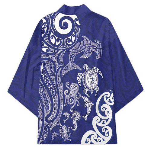 New Zealand Sea Animals with Maori Tribal Tattoo Kimono Blue Color