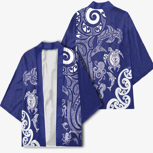 New Zealand Sea Animals with Maori Tribal Tattoo Kimono Blue Color