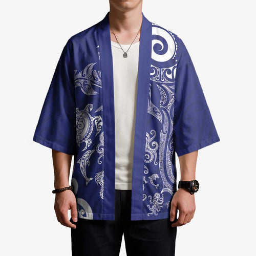 New Zealand Sea Animals with Maori Tribal Tattoo Kimono Blue Color