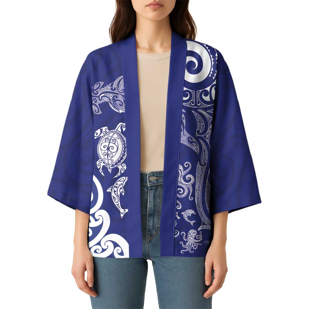 New Zealand Sea Animals with Maori Tribal Tattoo Kimono Blue Color