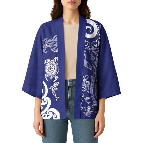 New Zealand Sea Animals with Maori Tribal Tattoo Kimono Blue Color