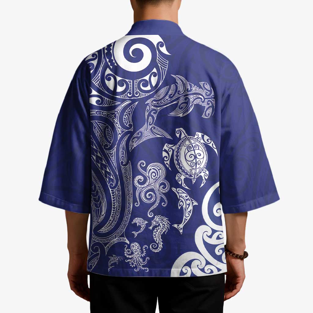 New Zealand Sea Animals with Maori Tribal Tattoo Kimono Blue Color