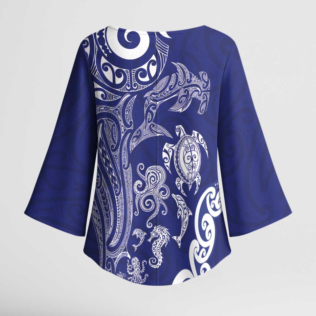 New Zealand Sea Animals with Maori Tribal Tattoo Kimono Sleeve Blouse Blue Color