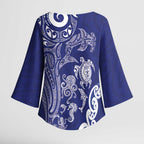 New Zealand Sea Animals with Maori Tribal Tattoo Kimono Sleeve Blouse Blue Color
