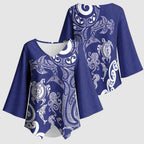 New Zealand Sea Animals with Maori Tribal Tattoo Kimono Sleeve Blouse Blue Color
