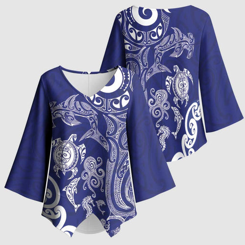 New Zealand Sea Animals with Maori Tribal Tattoo Kimono Sleeve Blouse Blue Color