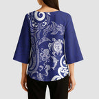 New Zealand Sea Animals with Maori Tribal Tattoo Kimono Sleeve Blouse Blue Color