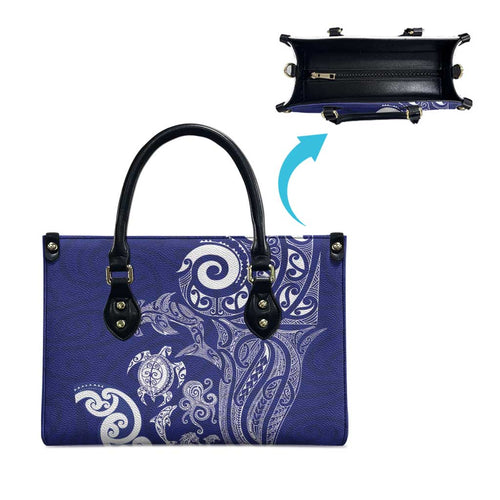 New Zealand Sea Animals with Maori Tribal Tattoo Leather Bag Blue Color