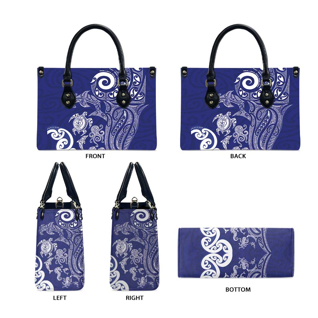 New Zealand Sea Animals with Maori Tribal Tattoo Leather Bag Blue Color
