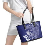 New Zealand Sea Animals with Maori Tribal Tattoo Leather Tote Bag Blue Color