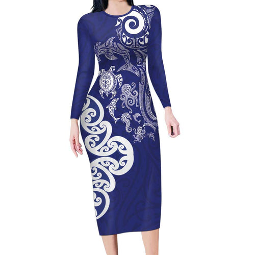 New Zealand Sea Animals with Maori Tribal Tattoo Long Sleeve Bodycon Dress Blue Color