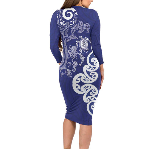 New Zealand Sea Animals with Maori Tribal Tattoo Long Sleeve Bodycon Dress Blue Color