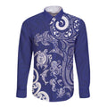 New Zealand Sea Animals with Maori Tribal Tattoo Long Sleeve Button Shirt Blue Color