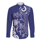New Zealand Sea Animals with Maori Tribal Tattoo Long Sleeve Button Shirt Blue Color