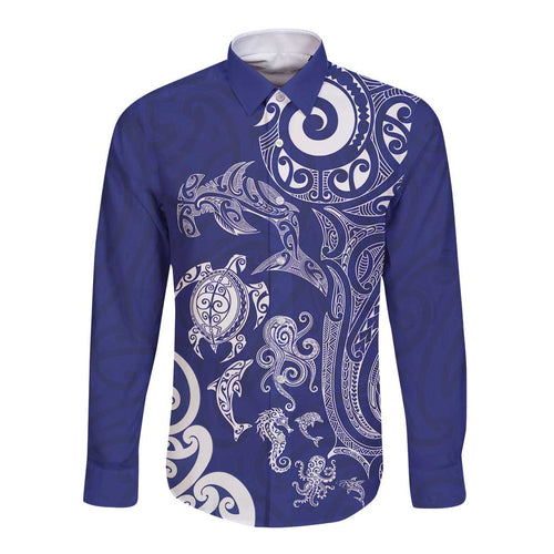 New Zealand Sea Animals with Maori Tribal Tattoo Long Sleeve Button Shirt Blue Color