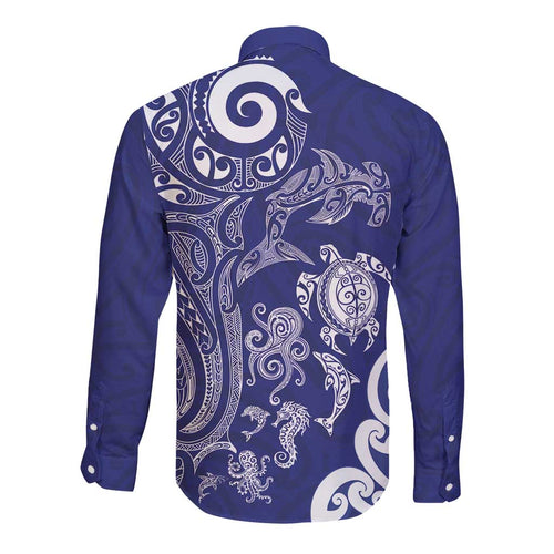 New Zealand Sea Animals with Maori Tribal Tattoo Long Sleeve Button Shirt Blue Color