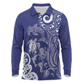 New Zealand Sea Animals with Maori Tribal Tattoo Long Sleeve Polo Shirt Blue Color