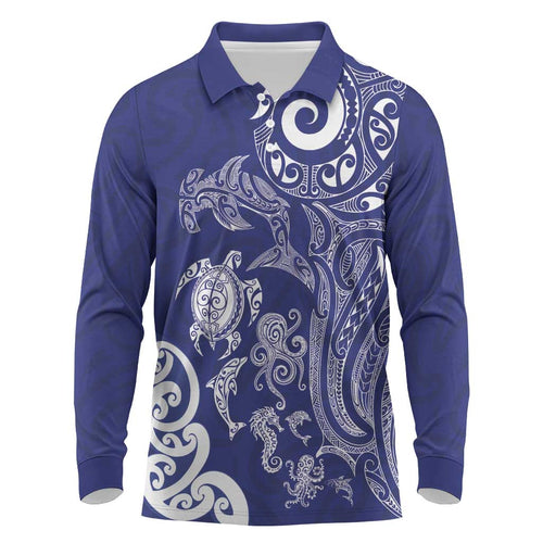 New Zealand Sea Animals with Maori Tribal Tattoo Long Sleeve Polo Shirt Blue Color