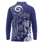 New Zealand Sea Animals with Maori Tribal Tattoo Long Sleeve Polo Shirt Blue Color